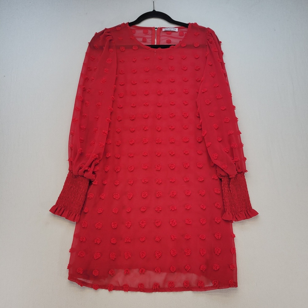 Solution Shift Dress Womens Small Red Swiss Dot Pom Pom Smocked Cuff Long Sleeve